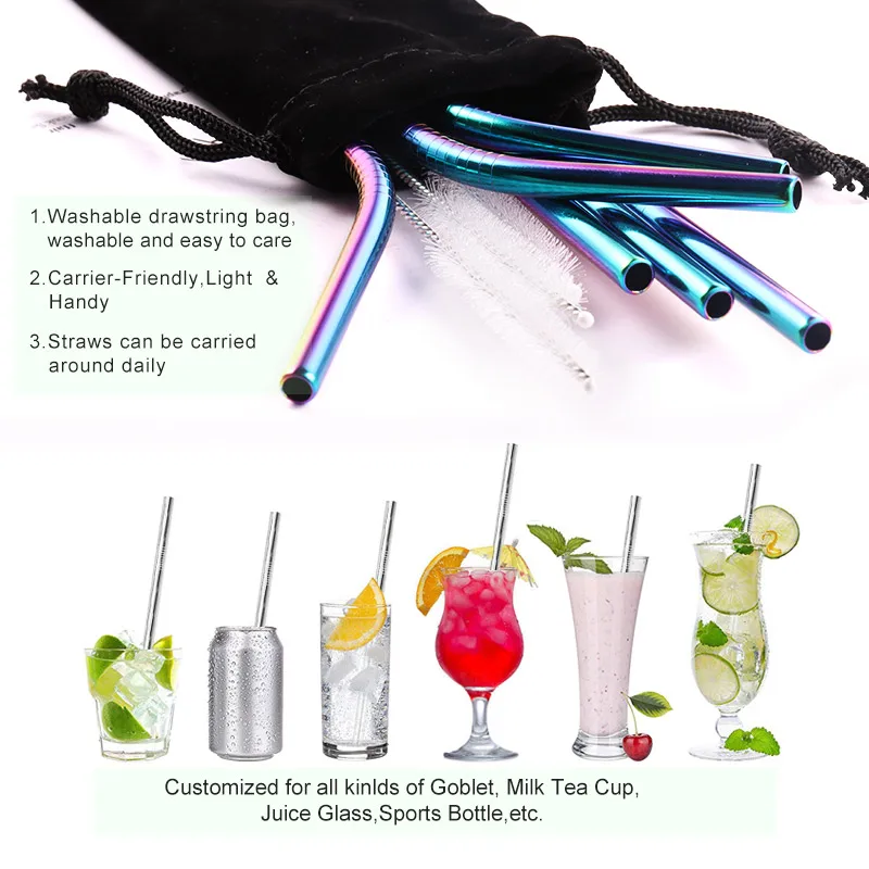 Lot de pailles colorées à boire en acier inoxydable 304, en métal coudé  lisse réutilisable, avec kit de brosses de lavage, accessoires de bar de  fête - AliExpress