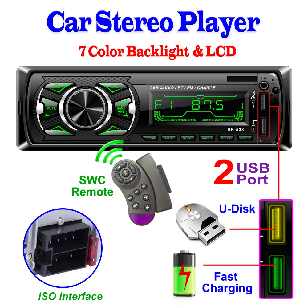 

DC 12V 7 Color Backlight Bluetooth In-Dash Car Stereo MP3 Player Dual USB Port ISO Interface and Fast Charging with SWC Remote