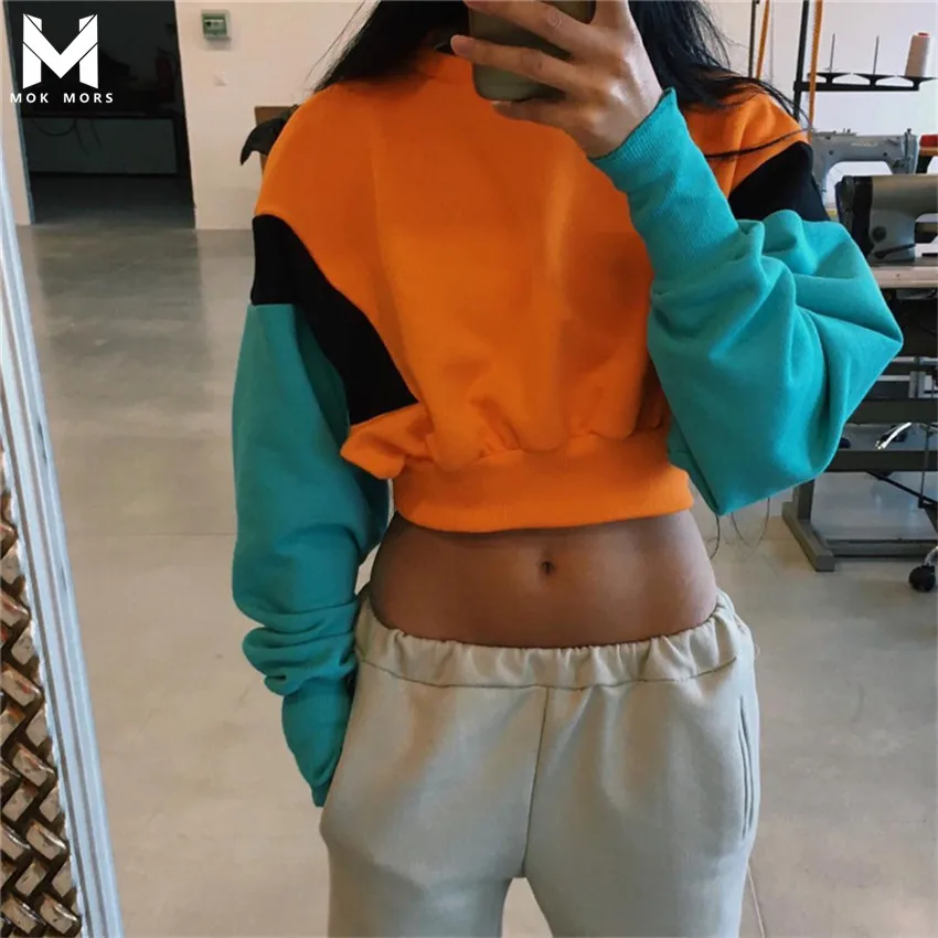 Women's New Color Matching Short Paragraph Belly Belly Sexy Women Sweatshirt Fashion High Street Casual Round Neck Womens Hoodie