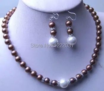 

NEW 8-12MM Brown silver color Sea Shell Pearl Necklace +Earring set