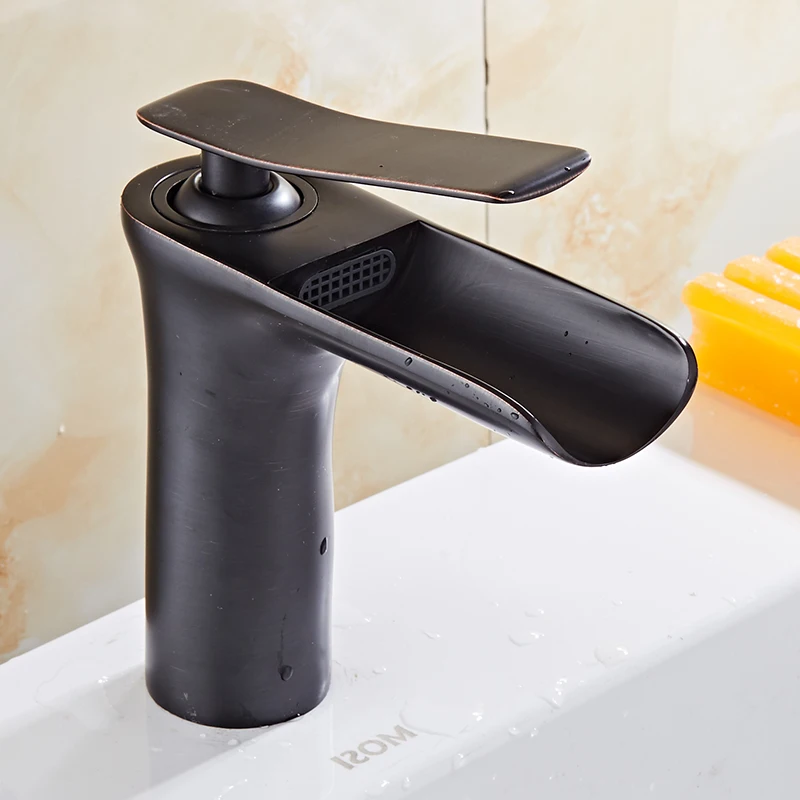 Basin Faucet Waterfall Brass Bathroom Sink Faucet Single Handle Basin Mixer Tap Modern Bath Antique Hot and Cold Water Tap Black