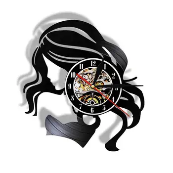 

Beauty Lady With Long Hair Vintage Vinyl Record Wall Clock Beauty Salon Business Sign Woman HairCare Barber Wall Clock Watch