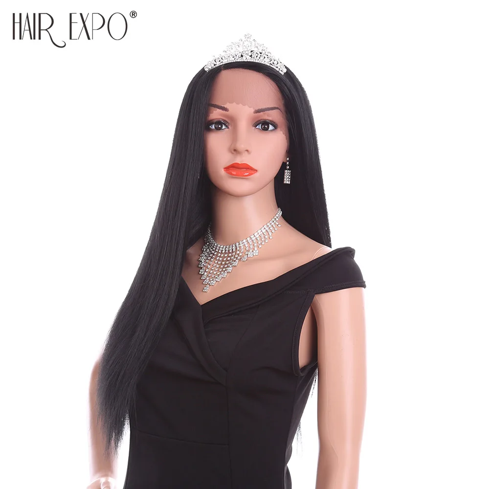 

Hair Expo City Straight Synthetic Wig 26inch Two Tone Long Lace Front Wig Grey Gold Glueless Natural Hairline Side Part
