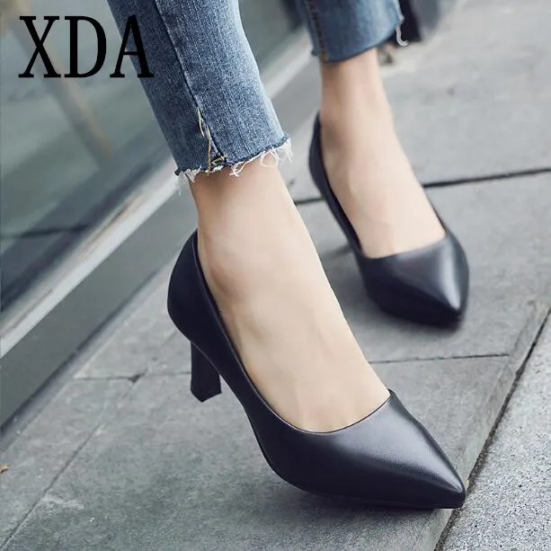 XDA 2019 new Women Fashion pointed toe High-heel single Shoes Women PU Leather Shoes Spring Black Pumps Heels Brand Shoes