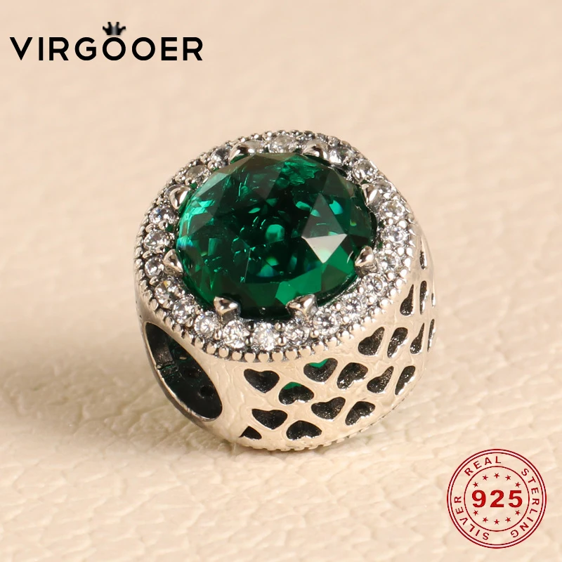 Virgooer Fit Pandora Подвески Серебро 925 Зеленый Кристалл сияющее сердце бусины для