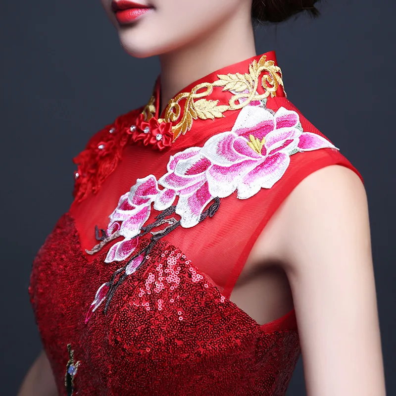 Вышивка Cheongsam длинное китайское Восточное вечернее платье элегантные платья принцессы красные Qipao Свадебные Летние женские сексуальные цветы