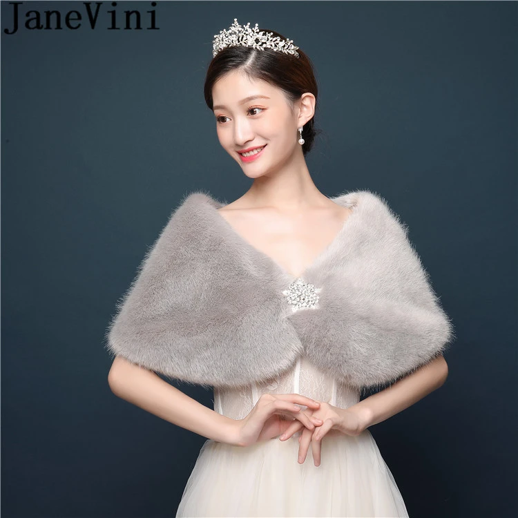 JaneVini Bolero de noche de piel gris para mujer, pasador con cuentas, capas estola, abrigo de piel sintética para boda, chal, capa de fiesta, Invierno|Chaquetas de - AliExpress