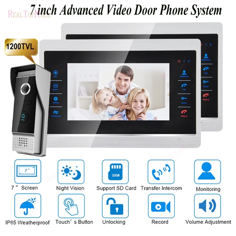 

Video Door Phone 7 Inch Monitor Intercom System Doorbell Camera Night Vision 1200 TVL Recording SD Card Support