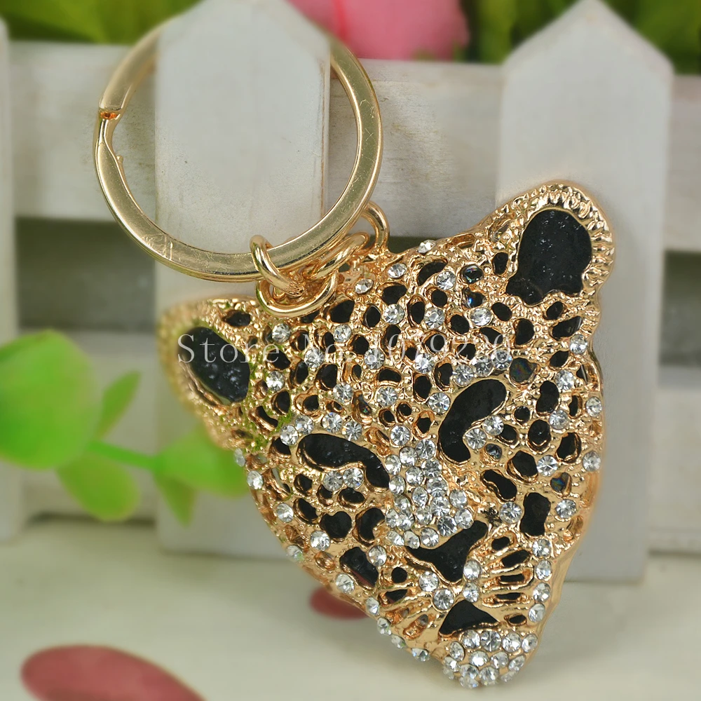 Creative Leopard Lion Head Charm Pendant Crystal Car Key Ring