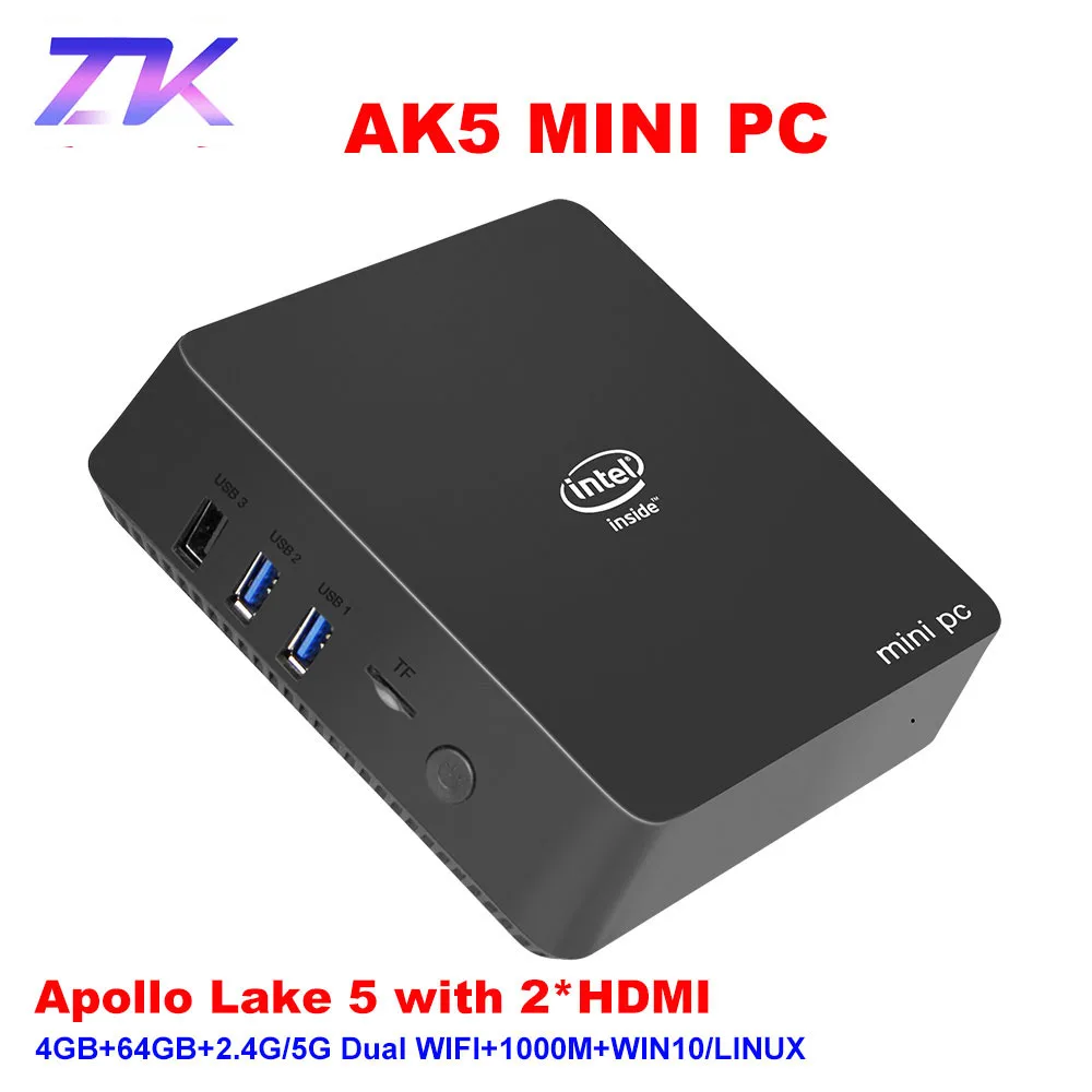 AK5 Мини ПК Apollo Lake Celeron DC или QC J3455 4 Гб 64 2,4 г/5 г двухдиапазонный Wi Fi WIN 10 (64 бита) LINUX дополнительно Компьютер ТВ коробка