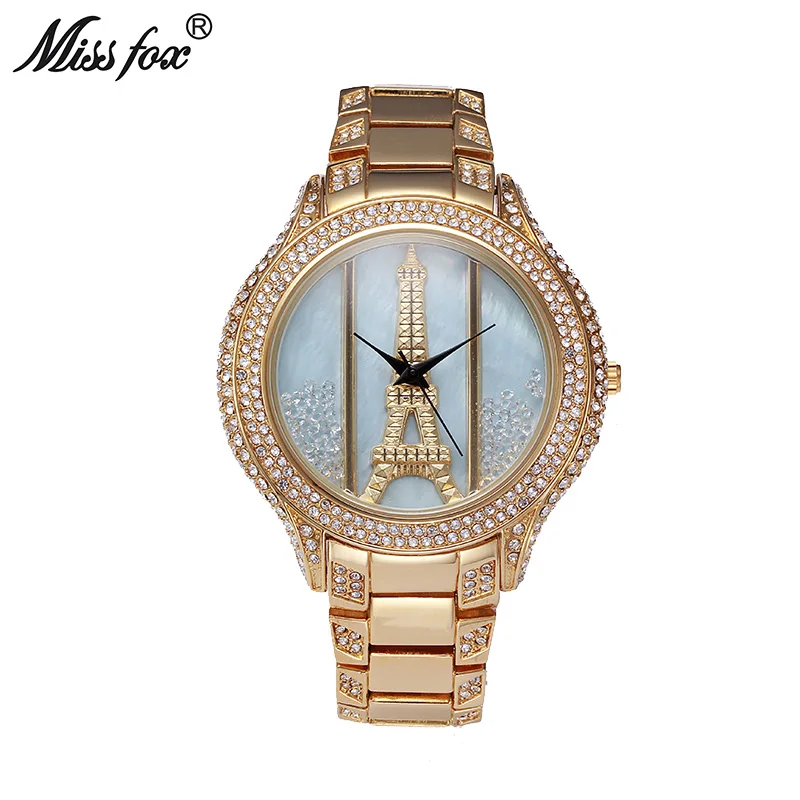 

Miss Fox Eiffel Tower Woman Watches 2017 Brand Luxury Gold Big Luxurious Ladies Watch With Rhinestones Relogio Feminino Dourado
