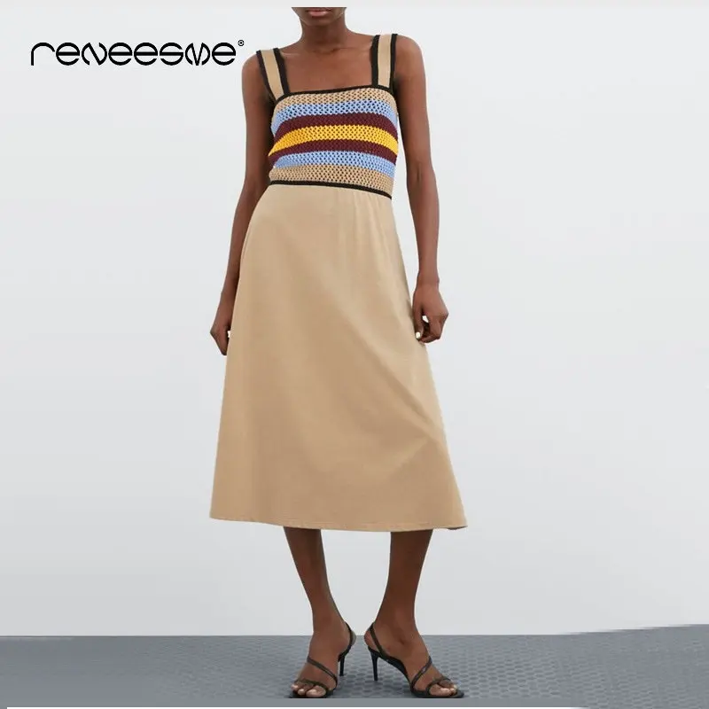 

2019 summer new women dress spaghetti strap a line sleeveless knitting hollow out striped ladies dress mid-calf casual vestidos