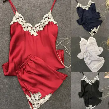 

2pcs Women Sexy Satin Lace Sleepwear Babydoll Lingerie Nightdress Pajamas Set