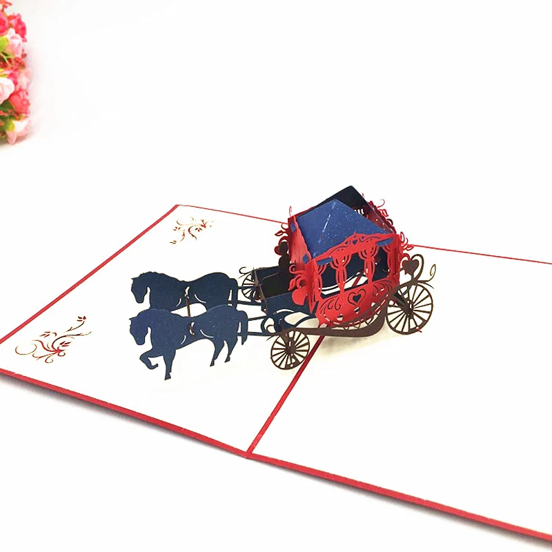 3D Pop Up Paper Laser Cut Greeting Cards Creative Handmade Kirigami Wedding lnvitations Love Carriage Postcards Wishes Gifts