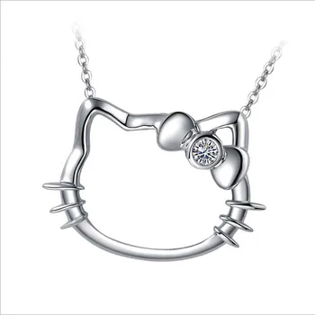 

Fashion Hello Kitty 925 Silver Pendants charm Necklaces Chain ELEMENTS Crystal Cute Cat Clavicle necklace Jewelry For Women