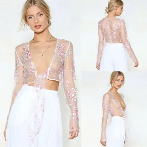 

Hirigin Women Lace Floral Embroidered Mesh Sheer Bandage See Through T shirt Smock Crop Top