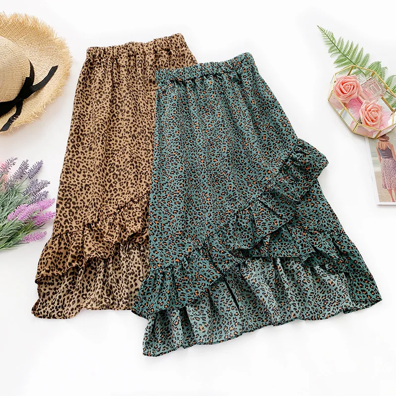 

Wasteheart Green Skirt Women Vintage High Waist Long Skirt Mid-Calf Skirt Casual Leopard Printed Chiffon Asymmetrical Skirts