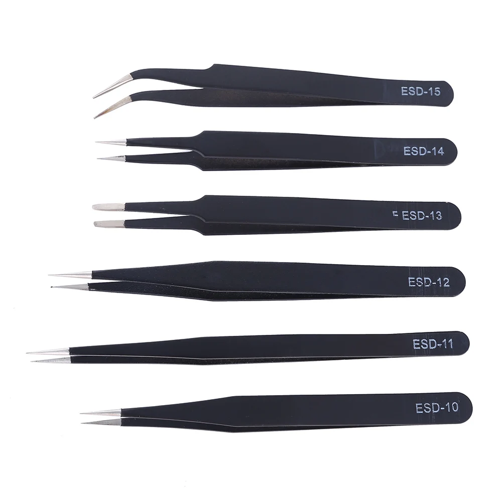 

6Pcs ESD Anti-Static Stainless Steel Industrial Tweezers Set Maintenance Repair Tool Kit Anti Static Model Making Tool Hand Tool