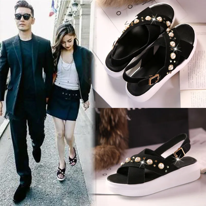 

gladiator sandals women Med belt fastener Solid Rome Pure colour korean style wedge pearl shoes strappy heels schoenen Flat new