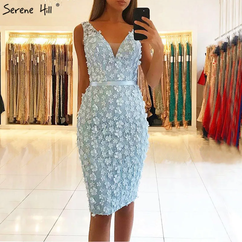 Blue V-Neck Sleeveless Sexy Cocktail Dress Handmade Flowers Pearls Fashion Elegant Evening Gowns Serene Hill LA6664