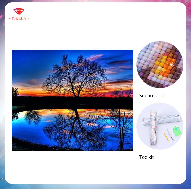 

YIKELA Diamond Embroidery Full Display Mosaic Tree Lake Inverted Image Diamond Painting Picture Rhinestone Landscape Home Decor