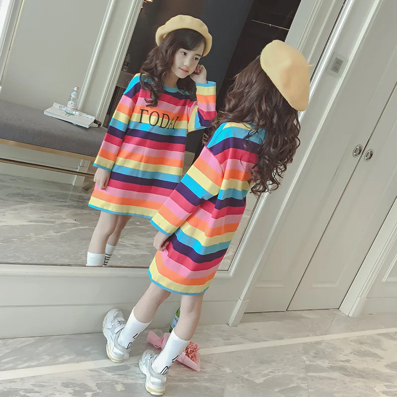 

Girls Spring Long Sleeve Mid-long Underwear Tee Tops Cute Colorful Rainbow Stripe Pattern Loose Fit Cotton Blusas T-Shirts Dress
