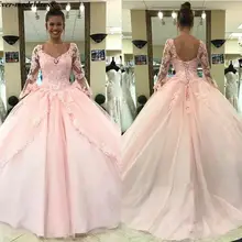 Румяна розовые платья Quinceanera одежда с длинным рукавом бальное платье Принцесса сладкий 16 для выпускного вечера, для дня рождения, вечерние Платья для специальных торжеств