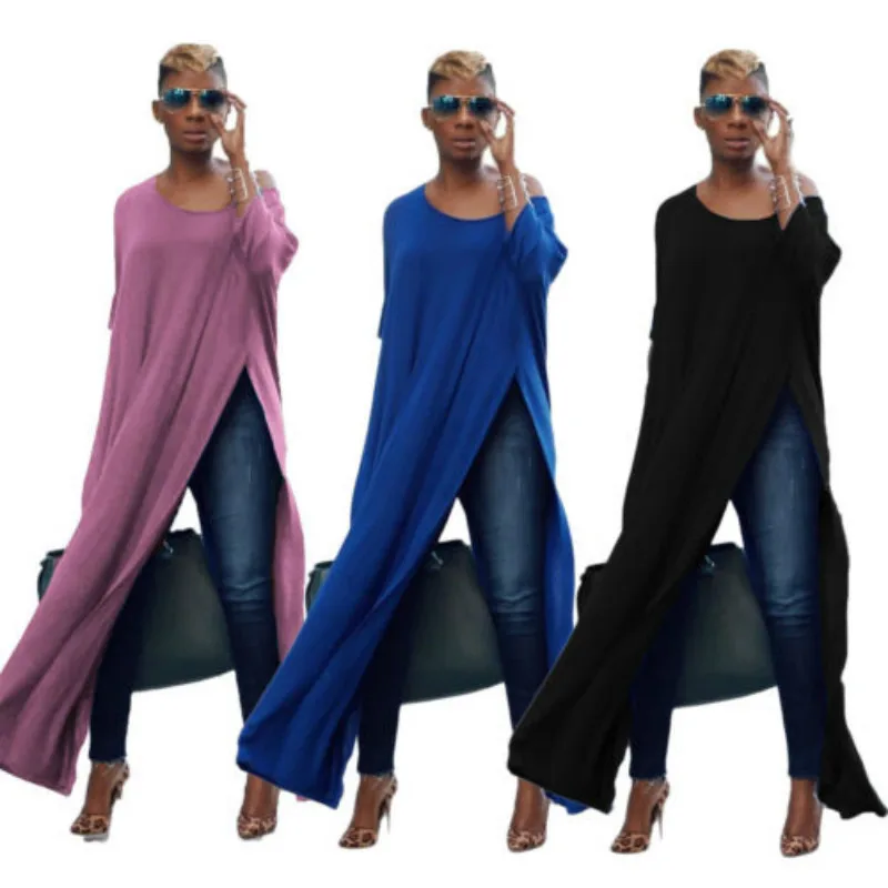 

2018 Fashion Women Vestidos Long Sleeve Evening Party Ladies Tops Dress Floor Length Solid O Neck Split