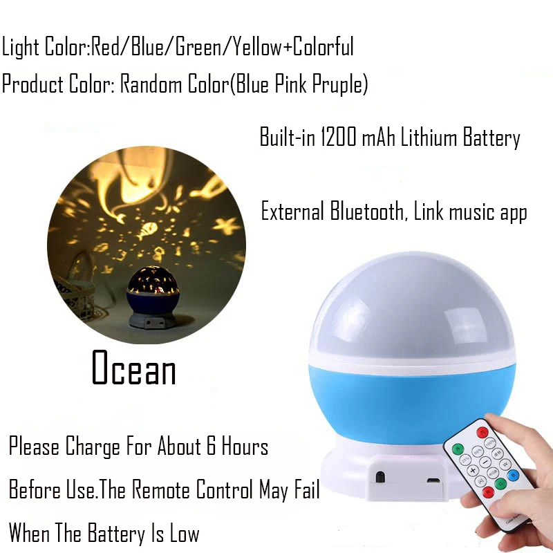 Светодиодный ночник проекционная лампа Романтический Звездное небо люминесцентные игрушки Батарея зарядка через usb Bluetooth звук игрушка-ночник - Цвет: Ocean