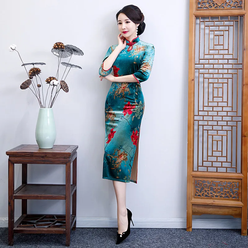 Китайский национальный Мандарин Воротник Cheongsam винтаж бархат дамы вечернее платье Элегантная одежда для сцены Qipao 3XL 4XL