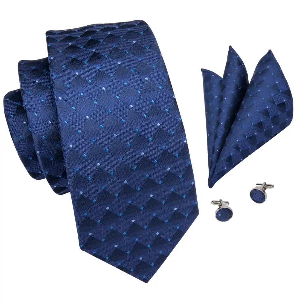 Men Blue Ties Plaid Silk Woven Necktie Checked Neck Tie Hanky Cufflinks Set Ties Gift for Wedding Party Business Hi-Tie C-3525