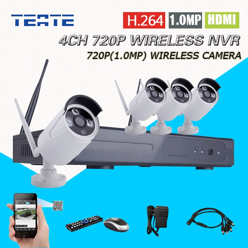 TEATE 4ch CCTV System Wireless 4CH HD NVR 4pcs 720P Waterproof IP WIFI Camera Home Safety System Kit 4channel without HDD