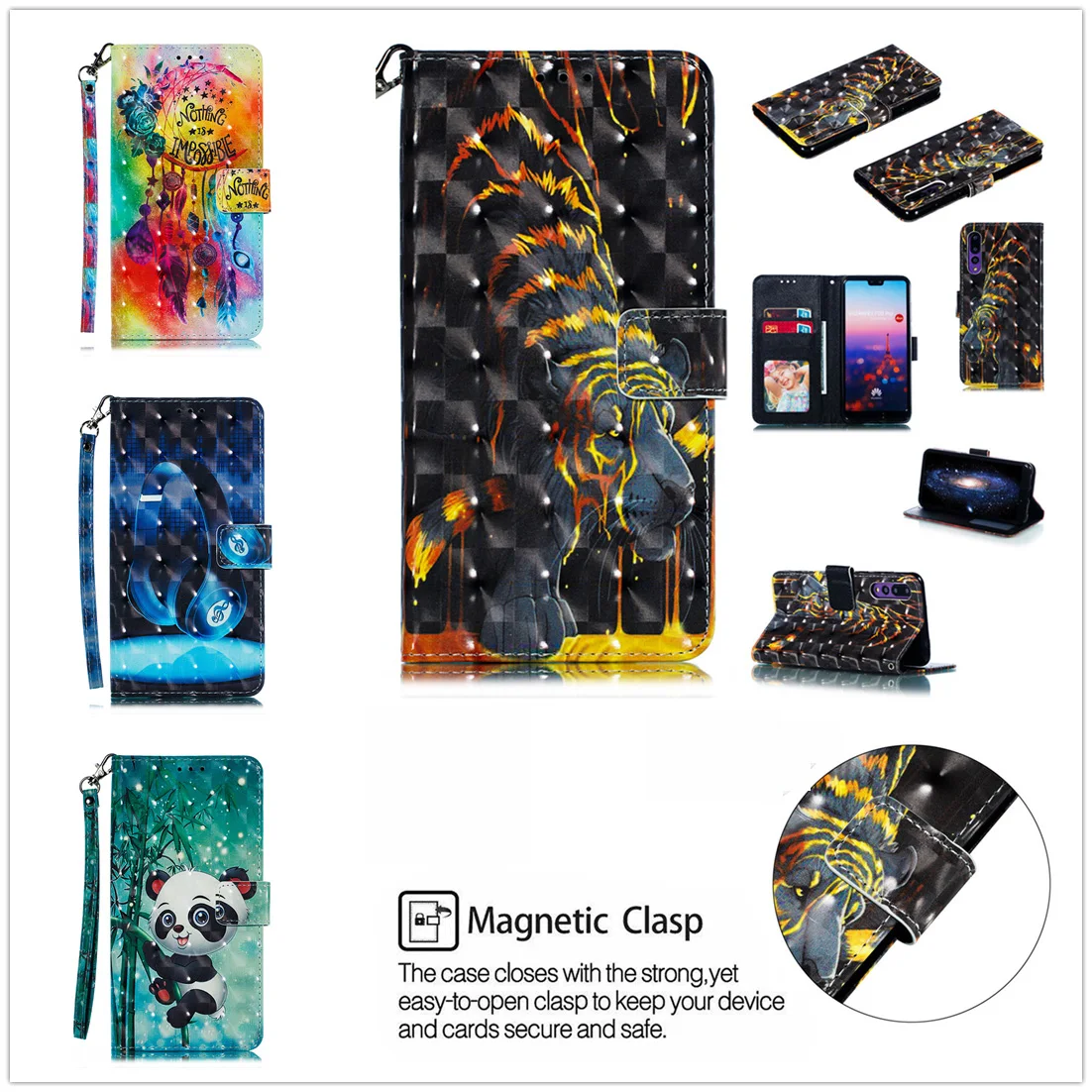 

Leather flip wallet phone case for Huawei P20 Pro P20 lite magnetic wallet cover for Huawa p20 tiger protective cover coque etui