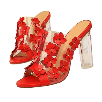 

2020 Summer Women Pink 9.5cm High Heels Mules Thick Clear Block Heels Slides Flower Transparent Heels Peep Toe Slippers Shoes