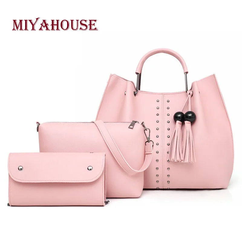 

Miyahouse Fashion Three-Piece Set Handbag For Women PU Leather Shoulder Bag Female Solid Color Messenger Bag Large Capacity
