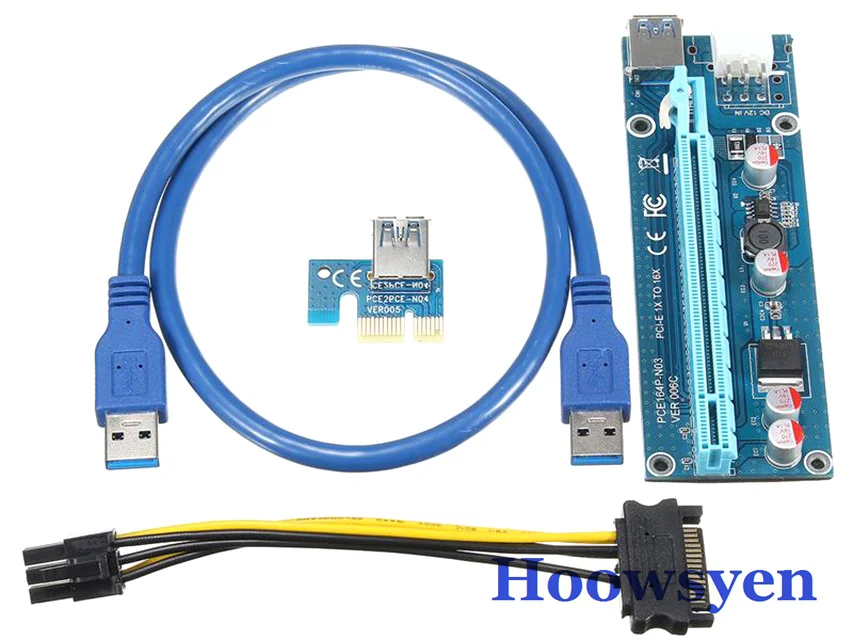 

USB 3.0 riser 6pcs  PCI-E Express 1X 4x 8x 16x Extender Riser Adapter Card SATA 15pin Male to 6pin Power Cable