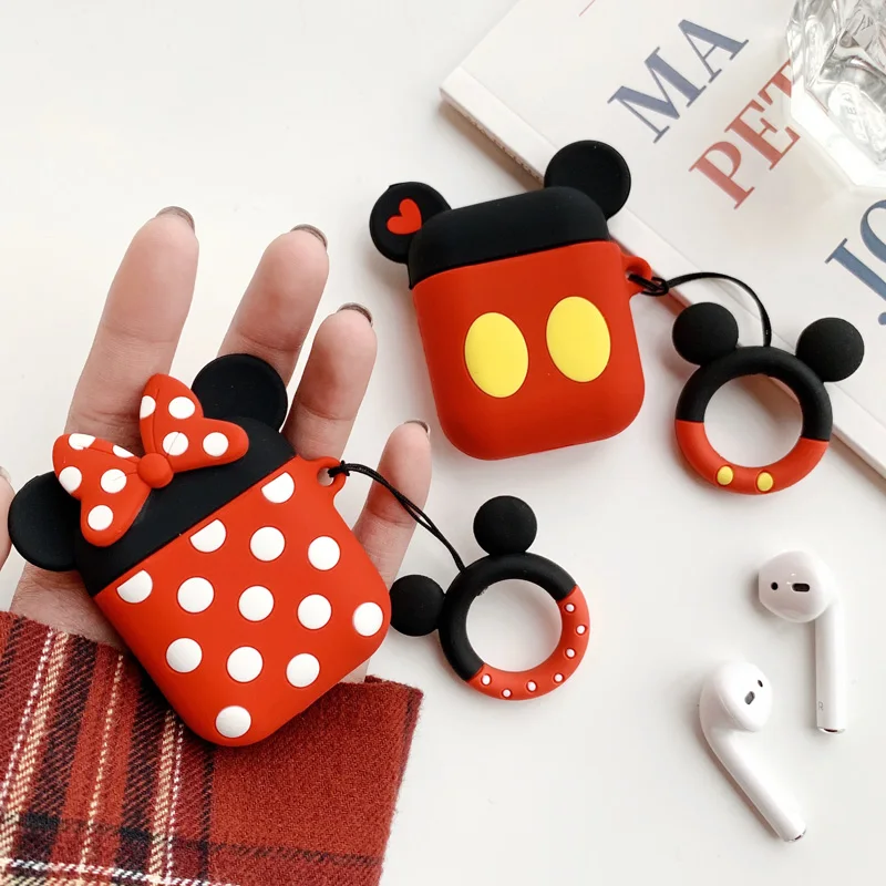 

Cute Cartoon Mickey Minnie Silicone Case for Apple Airpods Charging Box Bluetooth Earphone Cover Earphone Box Ring Buckle Strap