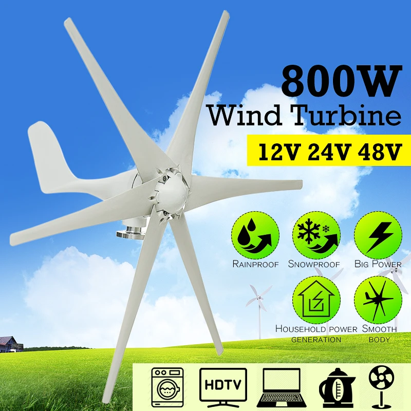 

800W 12V 24 V 48 Volt 6 Nylon Fiber Blade Horizontal Home Wind Turbine Wind Generator Power Windmill Energy Turbine Charge
