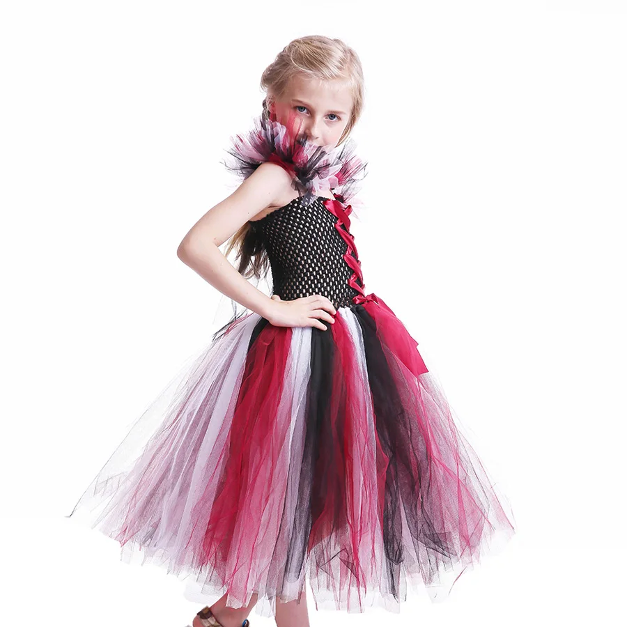 Black Wine Kids Halloween Purim Costume Evil Queen Inspired Girls Handmade Tutu Dress with Horns Children Scary Bow Gown (3)