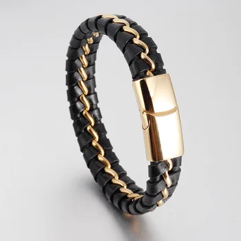 

Simple Handmade Black Genuine Braided Leather Bracelets Men Bangles Stainless Steel Double Layers Magnetic Charm Gold Bracelets