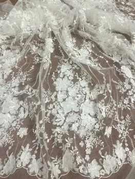 

super quality 5 yards french net lace fabric with sequins david-6809 embroidered lace fabric with 3d flower