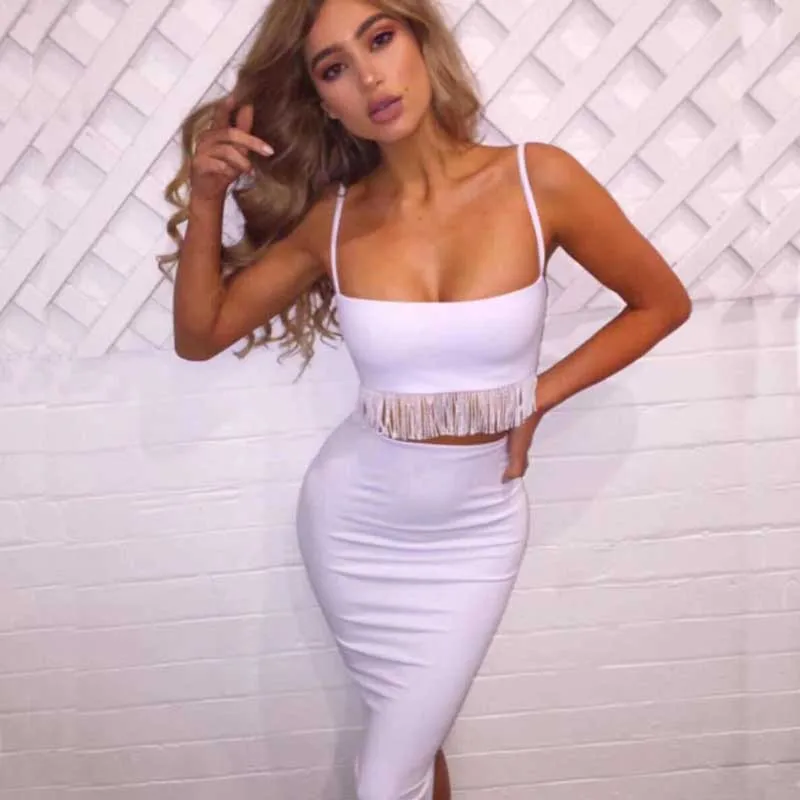 

wholesale 2019 New Ladies suits White tassel Sling Elastic tight fashion Cocktail party bandage two Piece Set Dress (L2523)