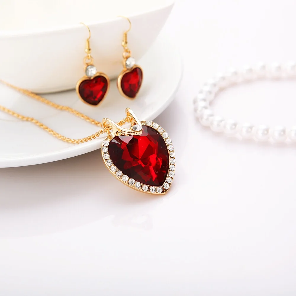 Luxury heart-shaped Austrian crystal zircon earrings necklace jewelry set for women European and American wedding dinner (11)