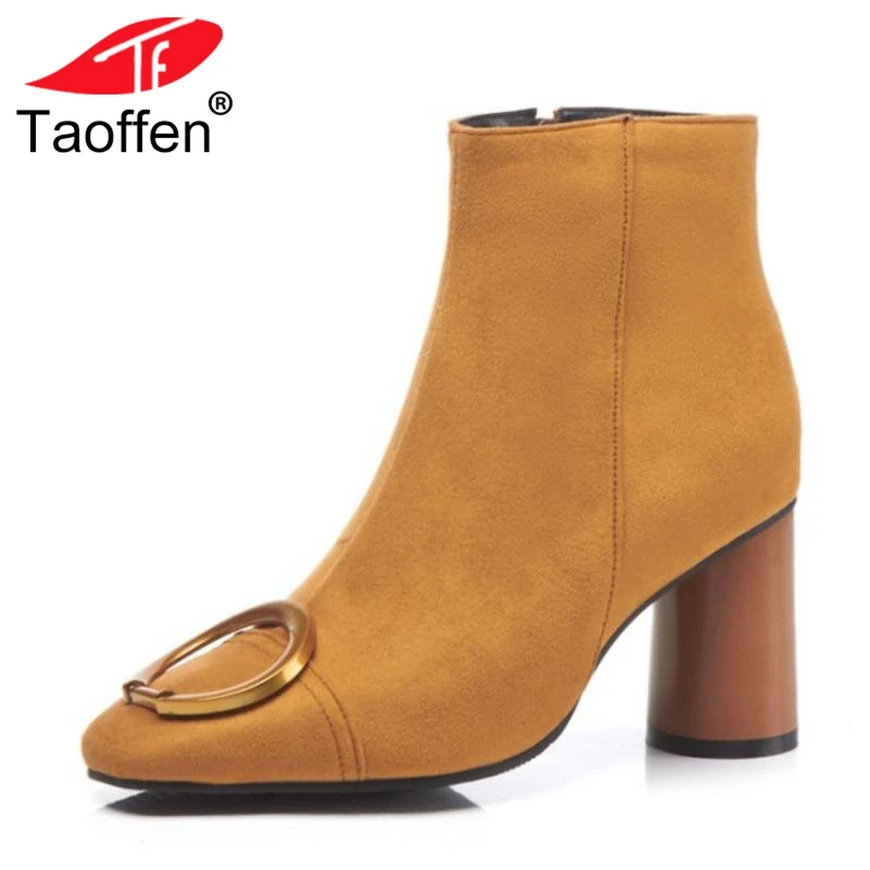 

Taoffen Plus Size 32-48 Women Warm Fur Ankle Boots Woman Metal Winter High Heels Boots New Fashion Square Toe Women's Shoes