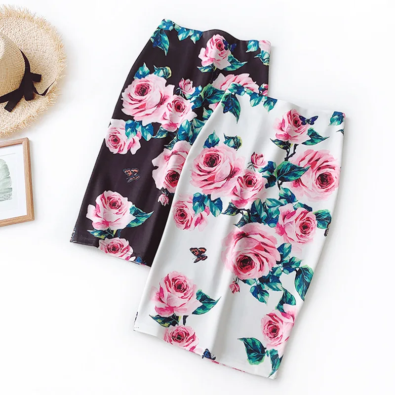 

AcFirst Summer Black Women Pencil Skirt Casual High Waist A-Line Knee Long Skirt Clothing Ruffles Skirts Floral Printed