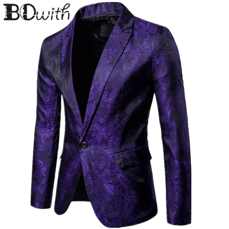 

2019 Newest Arrival Purple Men Blazer Jacket Dark Patterned Blazer Casual Long Sleeve Peaked Collar Men Coat for Party Groom