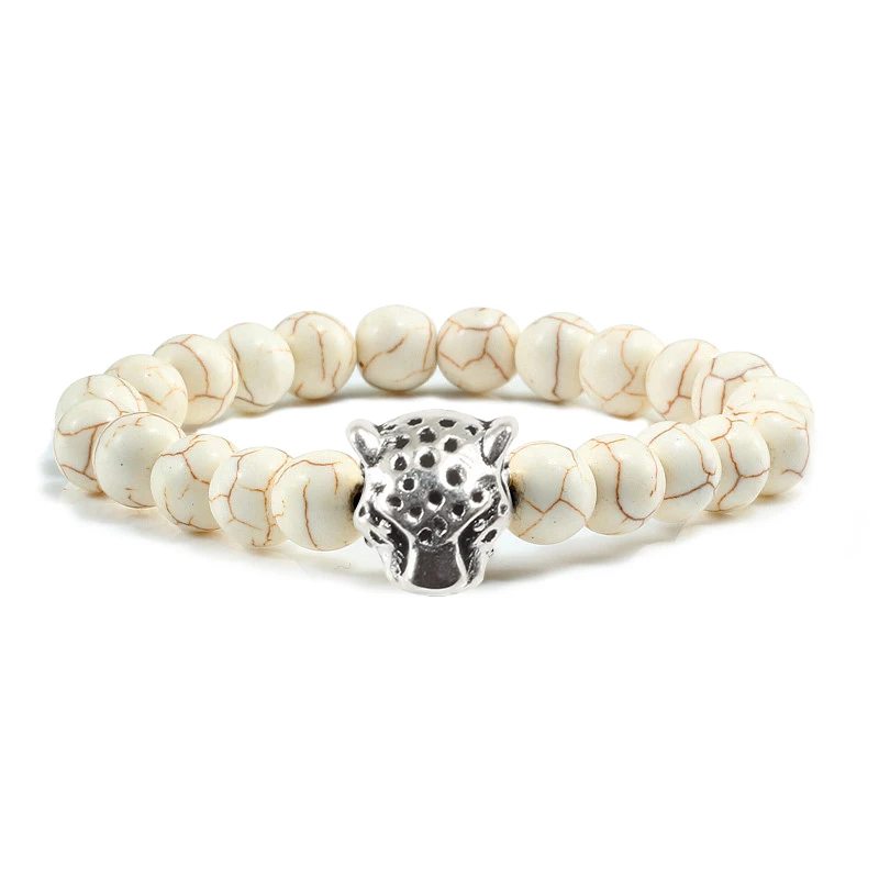 Fashion Natural Stone Beads Men Bracelets Luck Charm Blue Turquoises Sliver Leopard Handmade Beaded Bracelet for Couple Jewel | Украшения и