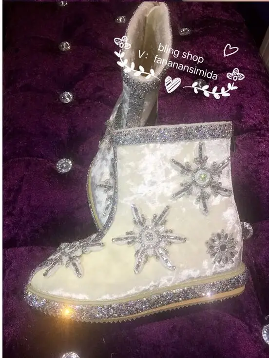 Ручной работы из бисера Стразы в форме снежинок туфли с заостренными носками, дикий ins обувь на скрытом каблуке, увеличивающая рост, золото бархатные женские ботинки угги, Короткие угги