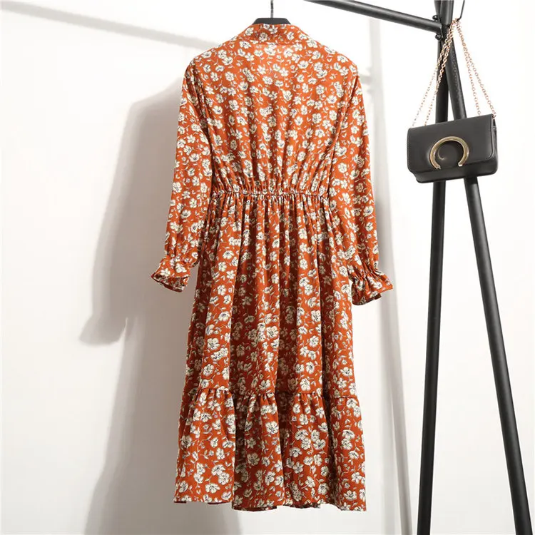 24 Types Floral Print Dresses Women Autumn Chiffon Dress Casual Bowknot O-Neck Long Sleeve Vestidos Mujer Retro Robe Femme Dress (40)