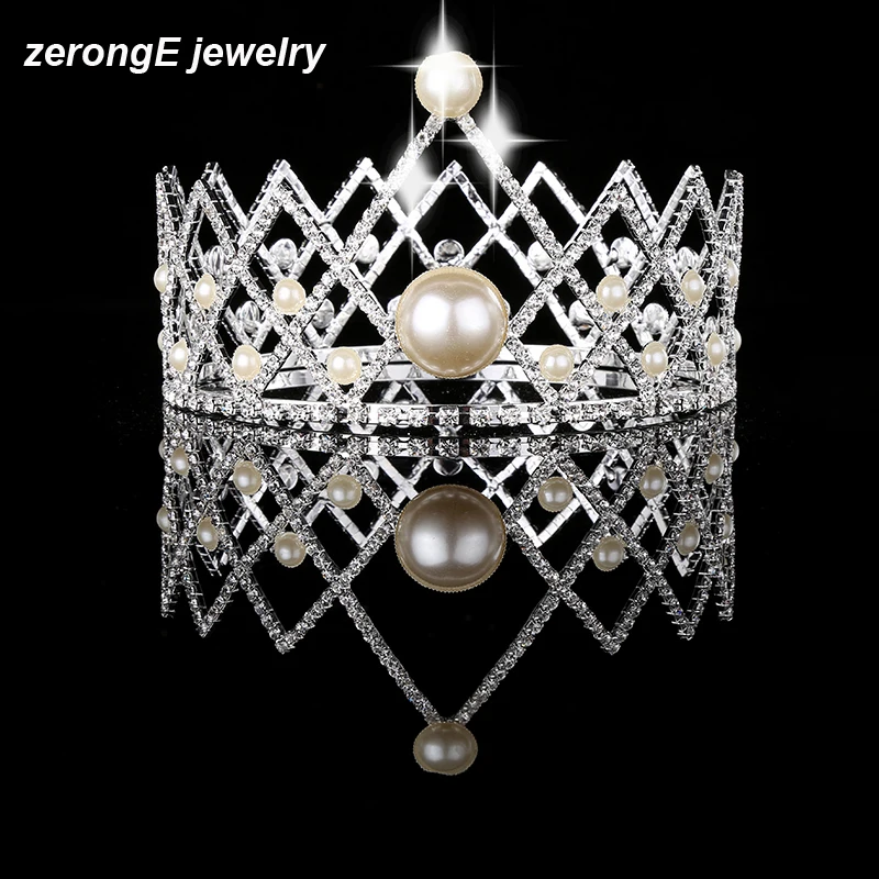 

zerongE jewelry Free Shipping Wholesale Royal Pageant Prom Accessories Full Circle Tiara Crystal King / Queen pearl Crown
